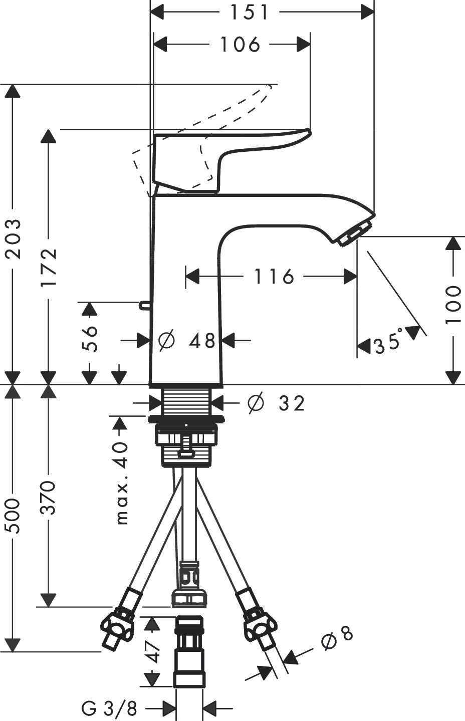 Однорычажный смеситель для раковины HANSGROHE Metris 31074000 110 мм, с донным клапаном, цвет Хром