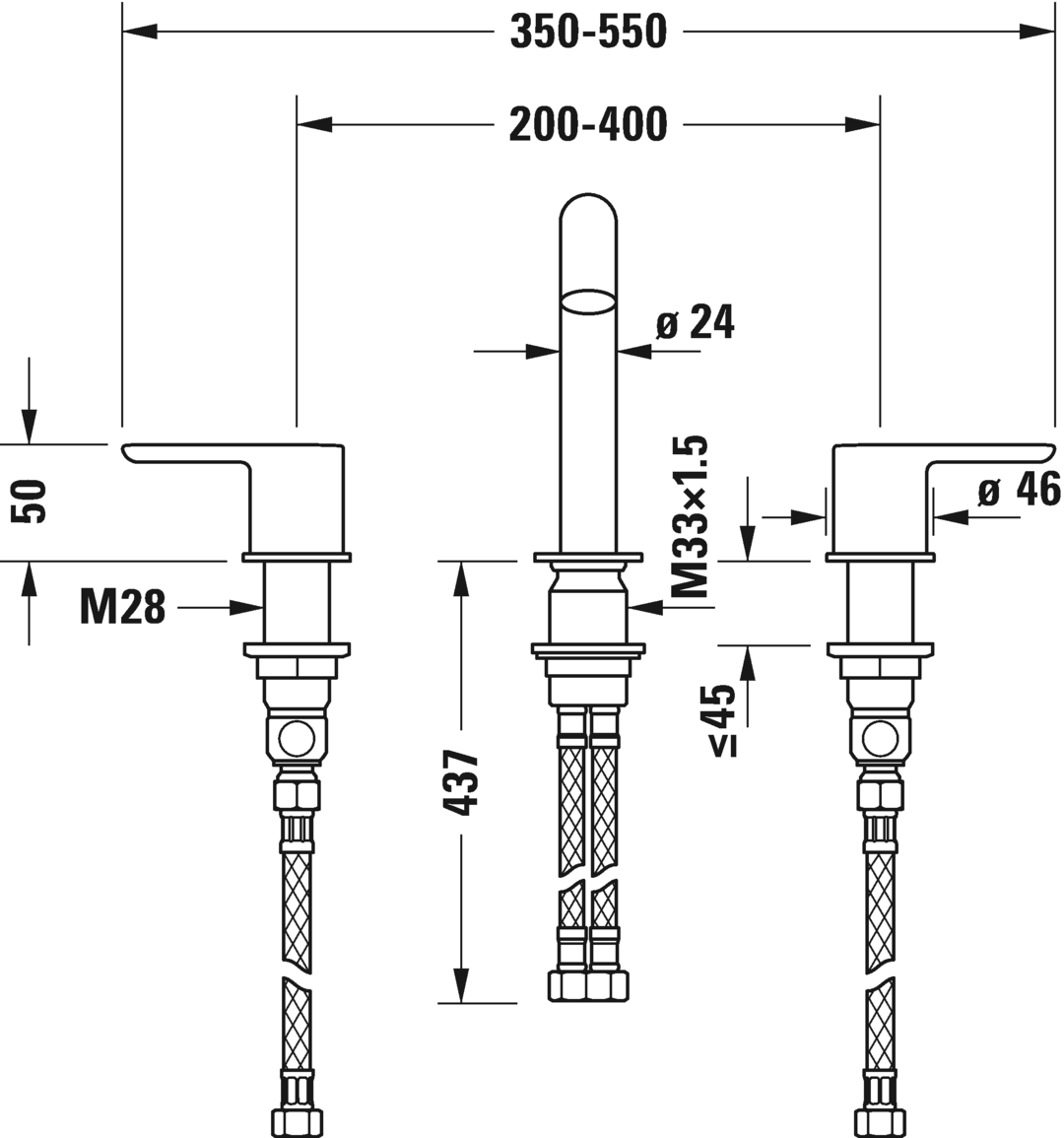 DURAVIT (C.1) Смеситель для раковины на 3 отверстия, с донным клапаном, хром