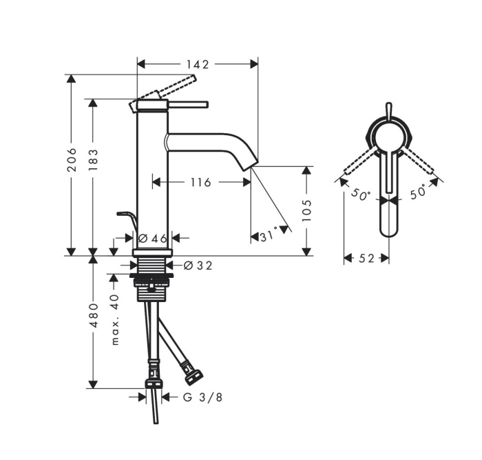 Однорычажный смеситель для раковины Hansgrohe Tecturis S 73310670 со сливным гарнитуром, цвет Чёрный матовый