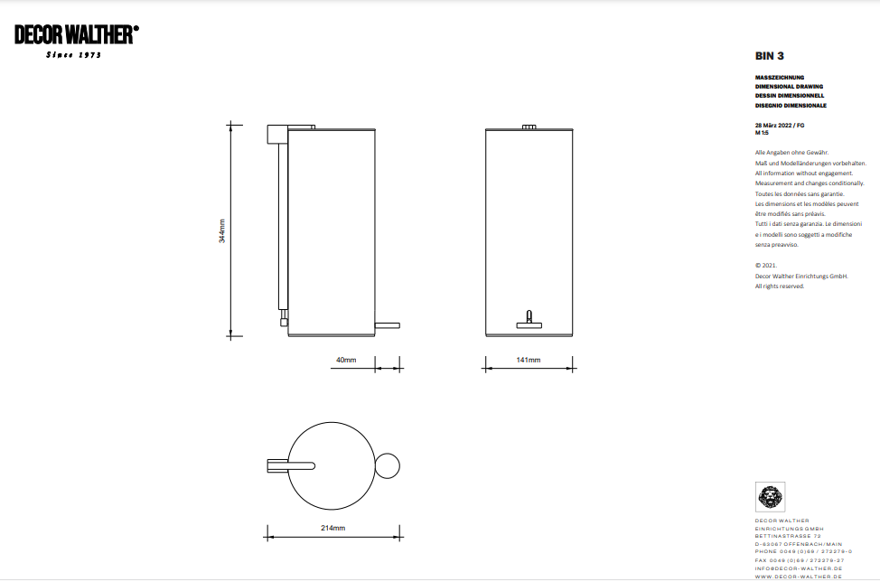 Ведро для мусора напольное, с крышкой и педалью DECOR WALTHER    Micado BIN 3   0612750     34,5 X Ø 14 X 21,5 см , 2,5 л, с внутренним контейнером, белый матовый