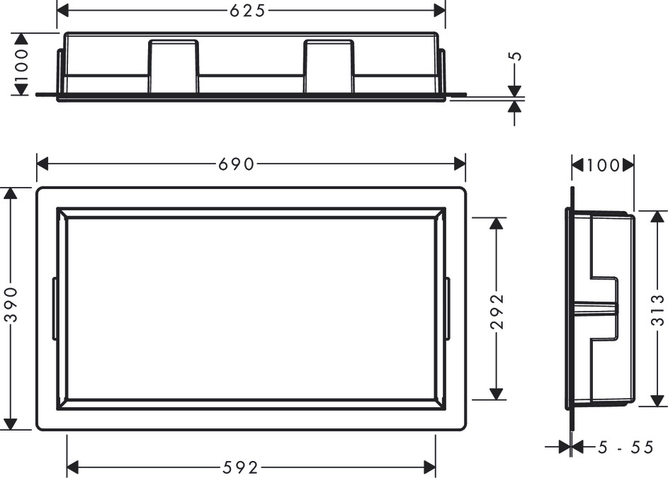 Настенный короб HANSGROHE XtraStoris Original 56064800 с интегрированной рамой 300 мм х 600 мм х 100 мм, полированная сталь