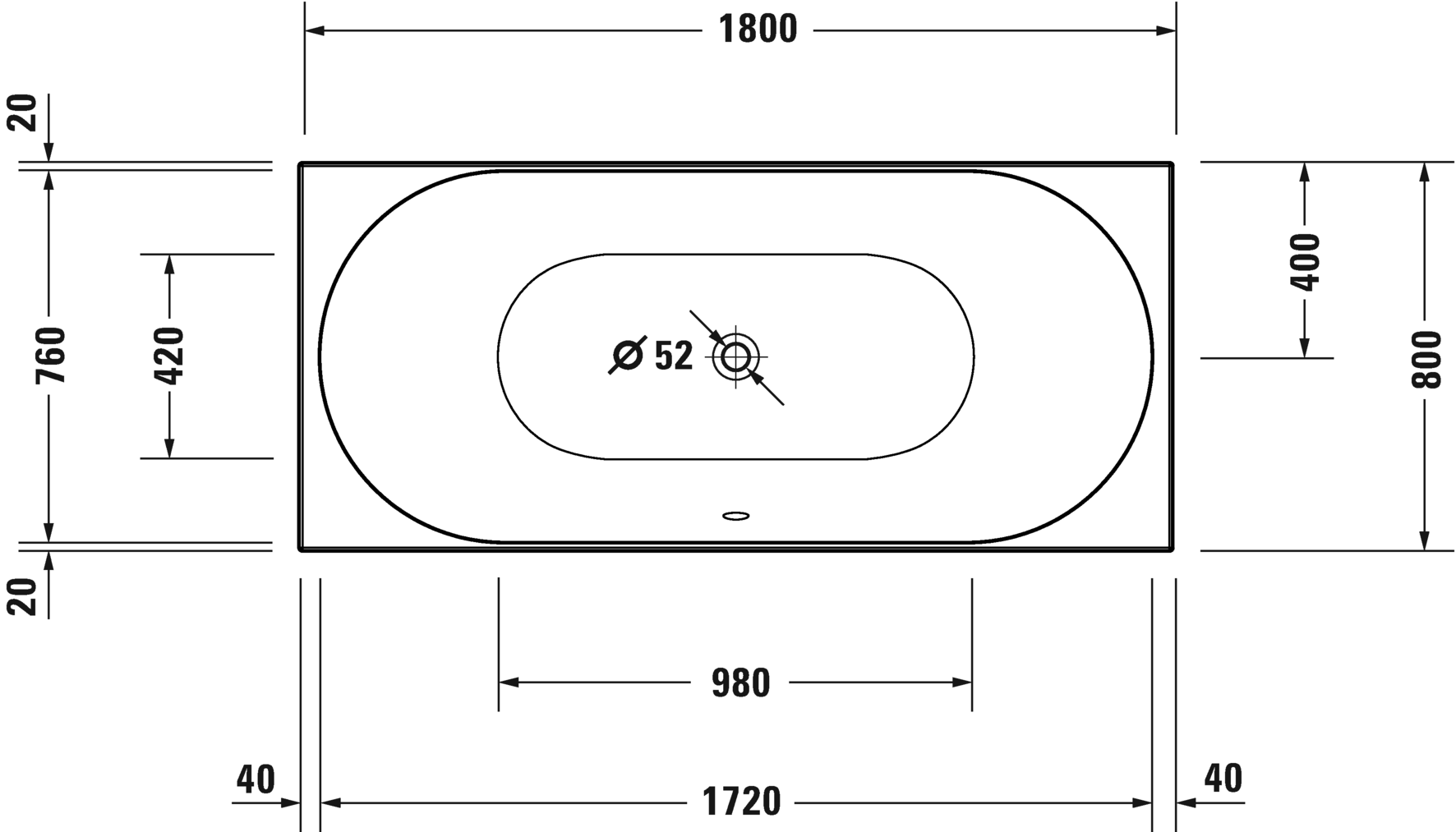 Встраиваемая акриловая ванна Duravit D-Neo 700476000000000 1800 мм х 800 мм, c двумя наклонами для спины, белая