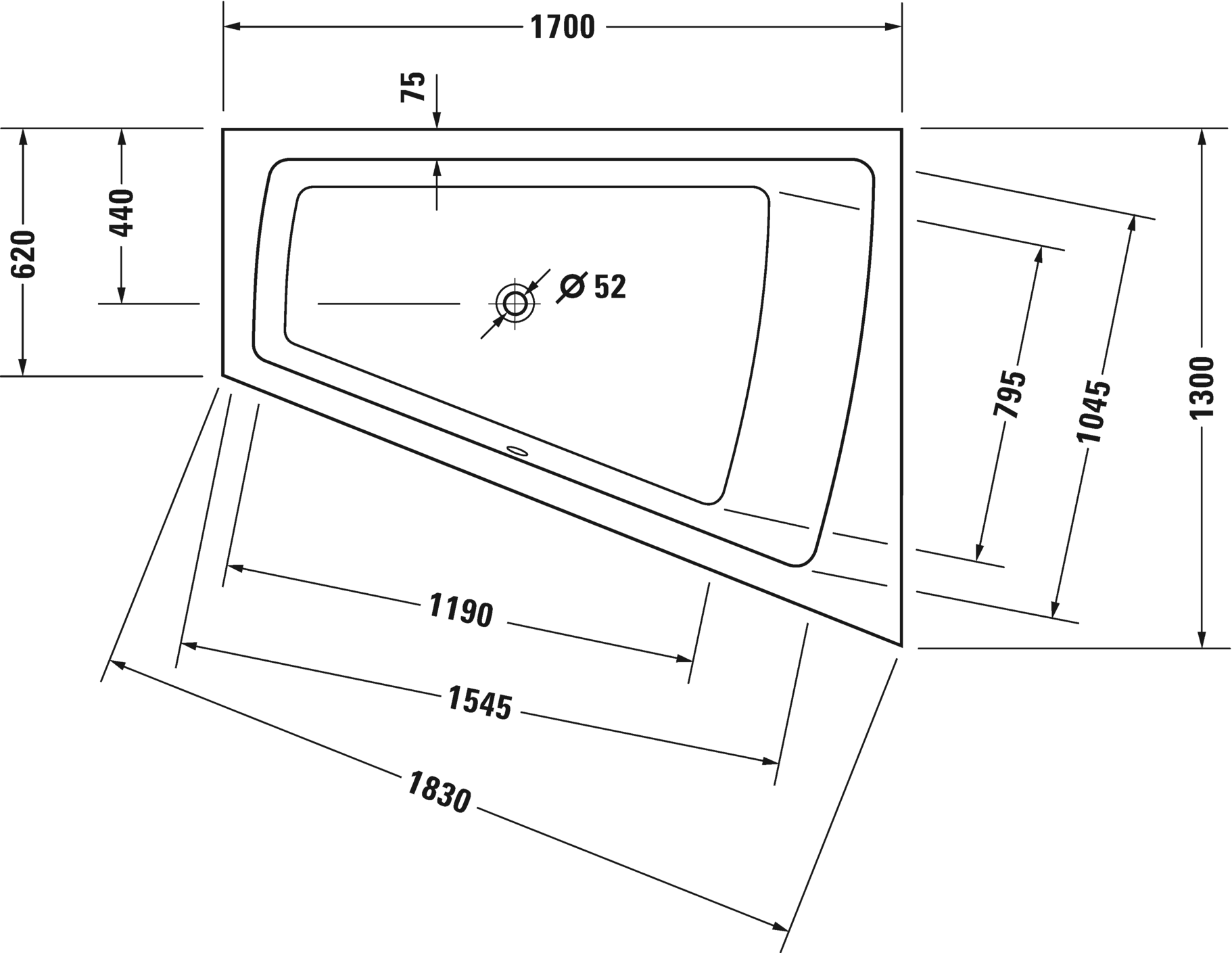 Акриловая ванна Duravit Paiova 700215000000000 1700 х 1300 c наклоном для спины справа, встраиваемая, угловая, белая