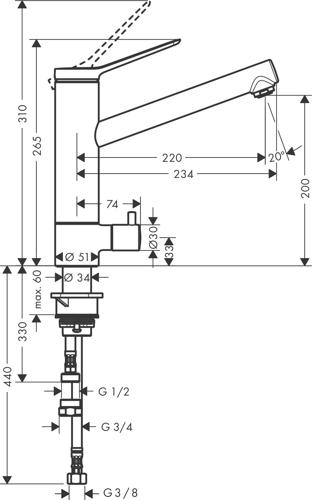 Смеситель однорычажный для кухни HANSGROHE ZESIS M33 1 JET 74808000 200 мм, c запорным вентилем, хром