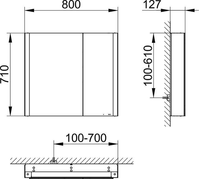 Зеркальный шкаф с подсветкой для настенного монтажа KEUCO Somaris 14502 372200 127 мм х 800 мм х 710 мм, с 2 поворотными ассиметричными дверцами, цвет корпуса Чёрный матовый