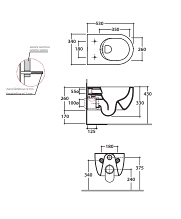 Унитаз подвесной безободковый GLOBO Mode MES02BI 340 мм х 530 мм, с креплением, белый глянцевый