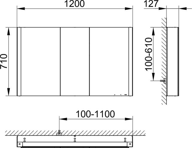 Зеркальный шкаф с подсветкой и подогревом для настенного монтажа KEUCO Somaris 14504 373101  127 мм х 1200 мм х 710 мм, с 3 поворотными дверцами, цвет корпуса Чёрный матовый