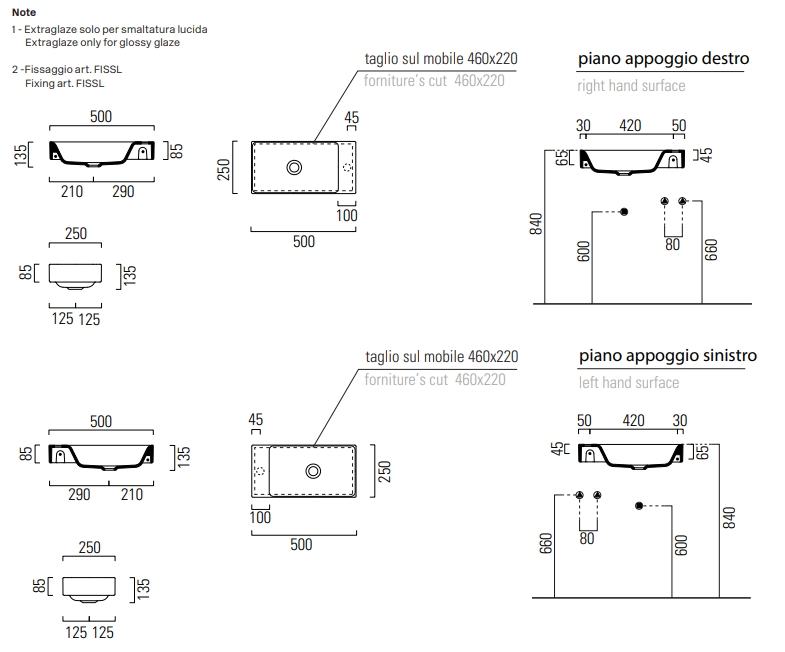 Раковина накладная/подвесная GSI NUBES 9637011 500 мм х 250 мм, без отверстия под смеситель, без перелива, белая глянцевая