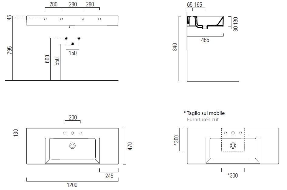Раковина накладная/подвесная GSI KUBE X 9452111 1200 мм х 470 мм, с 1 отверстием под смеситель, с переливом, без крепежа, цвет Белый глянцевый