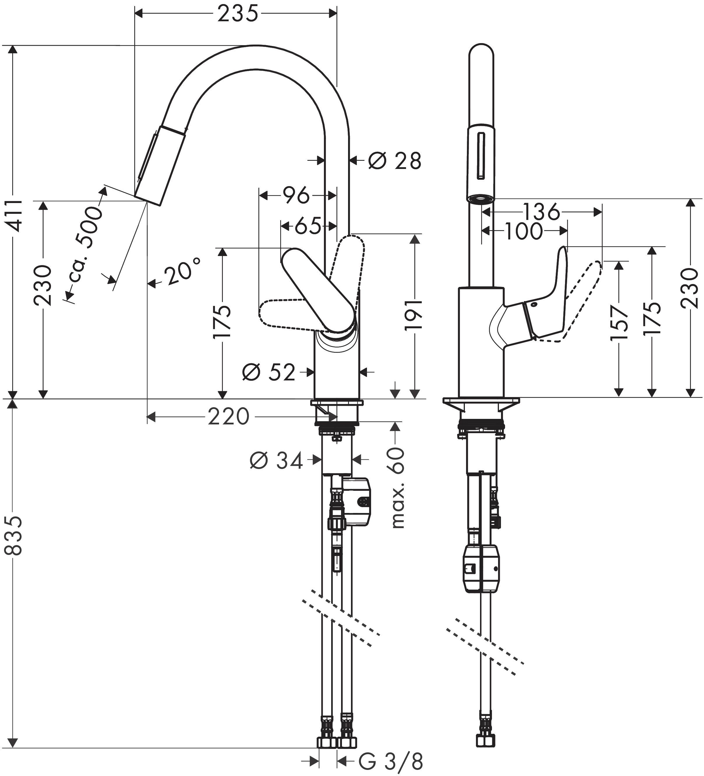 Кухонный смеситель однорычажный с вытяжным душем 2jet HANSGROHE Focus M41 31815000 240 мм, цвет Хром