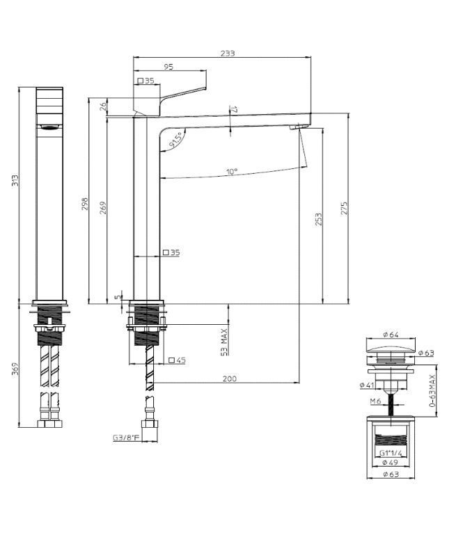 Высокий однорычажный смеситель для раковины BOSSINI AKI Z00709.030 c донным клапаном, цвет Хром
