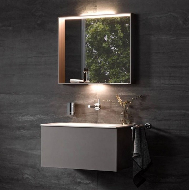 Тумба под раковину Keuco Plan 32971 290000 490 мм х 1000 мм х 400 мм, с 1 фронтальным ящиком, корпус лак матовый инокс, фасад стекло инокс матовый петроль