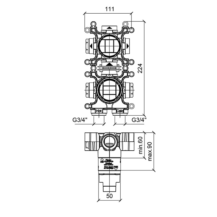 Встраиваемая внутренняя часть вертикального термостата ALMAR Modular E176906 на 2 потребителя, для арт. E180182 и E180132, цвет Чёрный