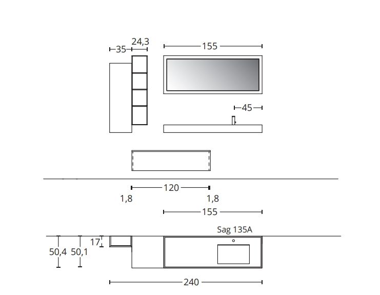 Комплект мебели BMT IKON IK-15   2400х1950х504 мм, с тумбой, раковиной, толешницей, полкой, шкафом и зеркалом, цвет Italian Walnut/Gres Noir Desir