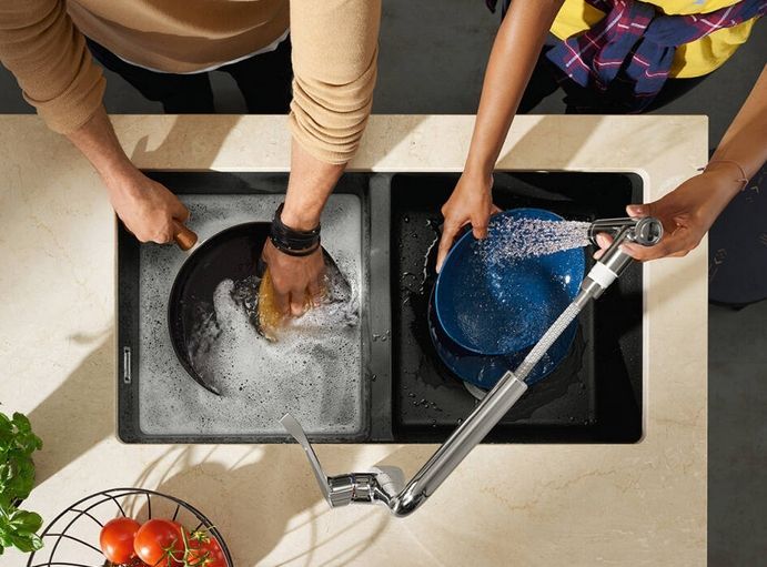 Однорычажный смеситель для кухни с вытяжным изливом 1jet HANSGROHE Metris Select M71 14786000 320, Eco, Select, Pull-Out, цвет Хром