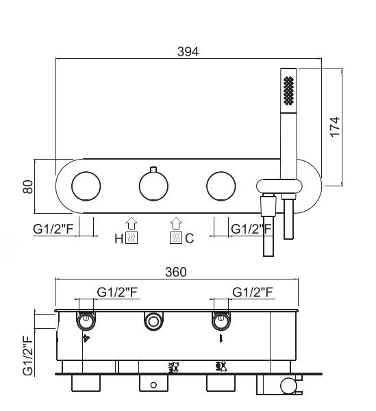 Термостат для душа горизонтальный на 6 выходов CARIMALI IL TONDO 21848EST/A-CR с ручным душем, держателем и шлангом, хром