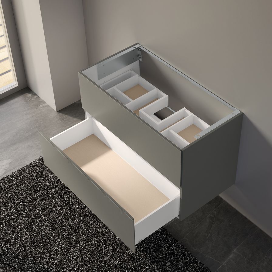 Тумба подвесная под раковину KEUCO PLAN 32973 290000 490 мм х 1000 мм, c 2 выдвижными ящиками, инокс матовый/инокс матовый петроль