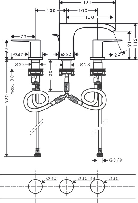 Смеситель для раковины на 3 отверстия HANSGROHE Vivenis 75033670 90 мм, со сливным гарнитуром, чёрный матовый