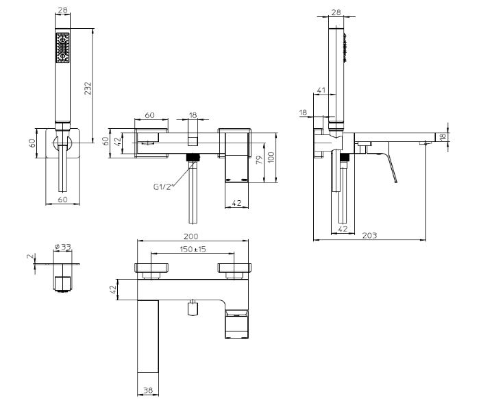 Настенный смеситель для ванны BOSSINI AKI Z00726.073 cо шлангом, держателем и лейкой, цвет Чёрный матовый