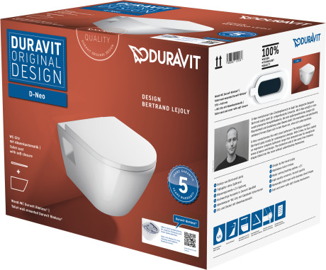 Унитаз подвесной + сиденье Duravit D-Neo Rimless 45780900A1 370 мм х 540 мм, с вертикальным смывом, без смывного края, с креплением Durafix, белый