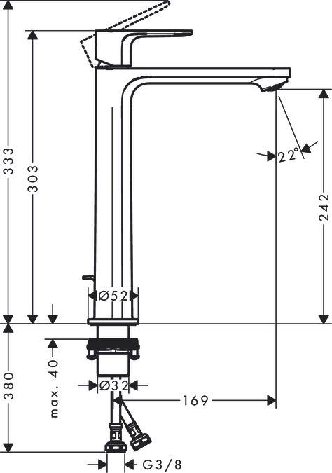 Однорычажный смеситель для накладной раковины HANSGROHE REBRIS S 72580000 240 мм, с CoolStart, с донным клапаном, хром