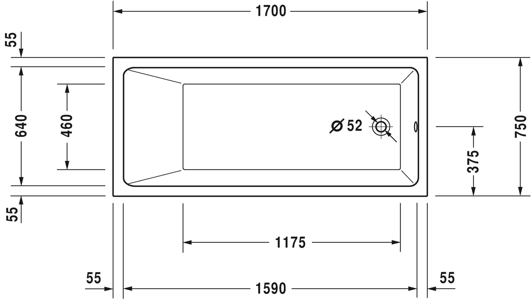 Акриловая ванна Duravit Vero Air 700412000000000 1700 х 750 c одним наклоном для спины, встраиваемая версия, белая