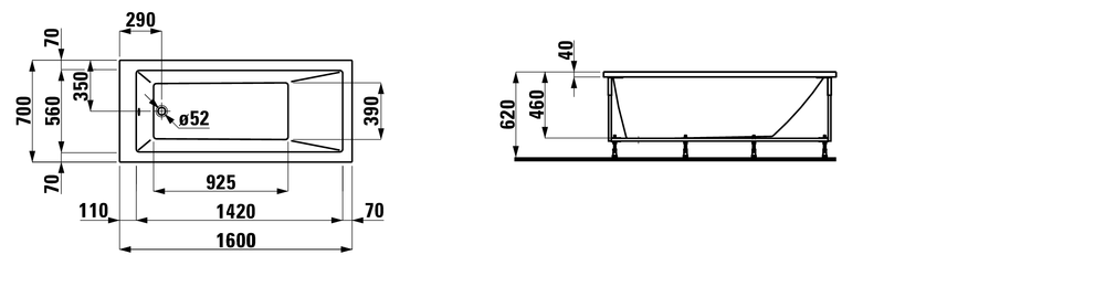 Встраиваемая ванна прямоугольная Laufen Pro 2.3395.1.000.000.1 1600 х 700 мм, акрил,  с каркасом, без панели, без сифона, белая