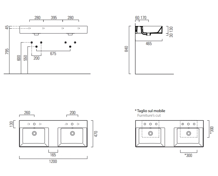 Раковина двойная накладная/подвесная GSI KUBE X 9425111 1200 мм х 470 мм, с 1 отверстием под смеситель, с переливом, без крепежа, цвет Белый глянцевый