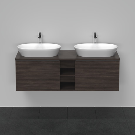 Тумба подвесная под две раковины DURAVIT D-Neo DE4950B5353 1400 мм х 550 мм, с 2 выдвижными ящиками и открытой полкой, каштан тёмный