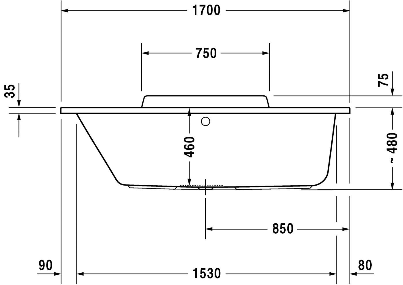 Акриловая ванна Duravit DuraStyle 700296000000000 1700 х 750 c наклоном для спины слева, встраиваемая или с панелями, белая