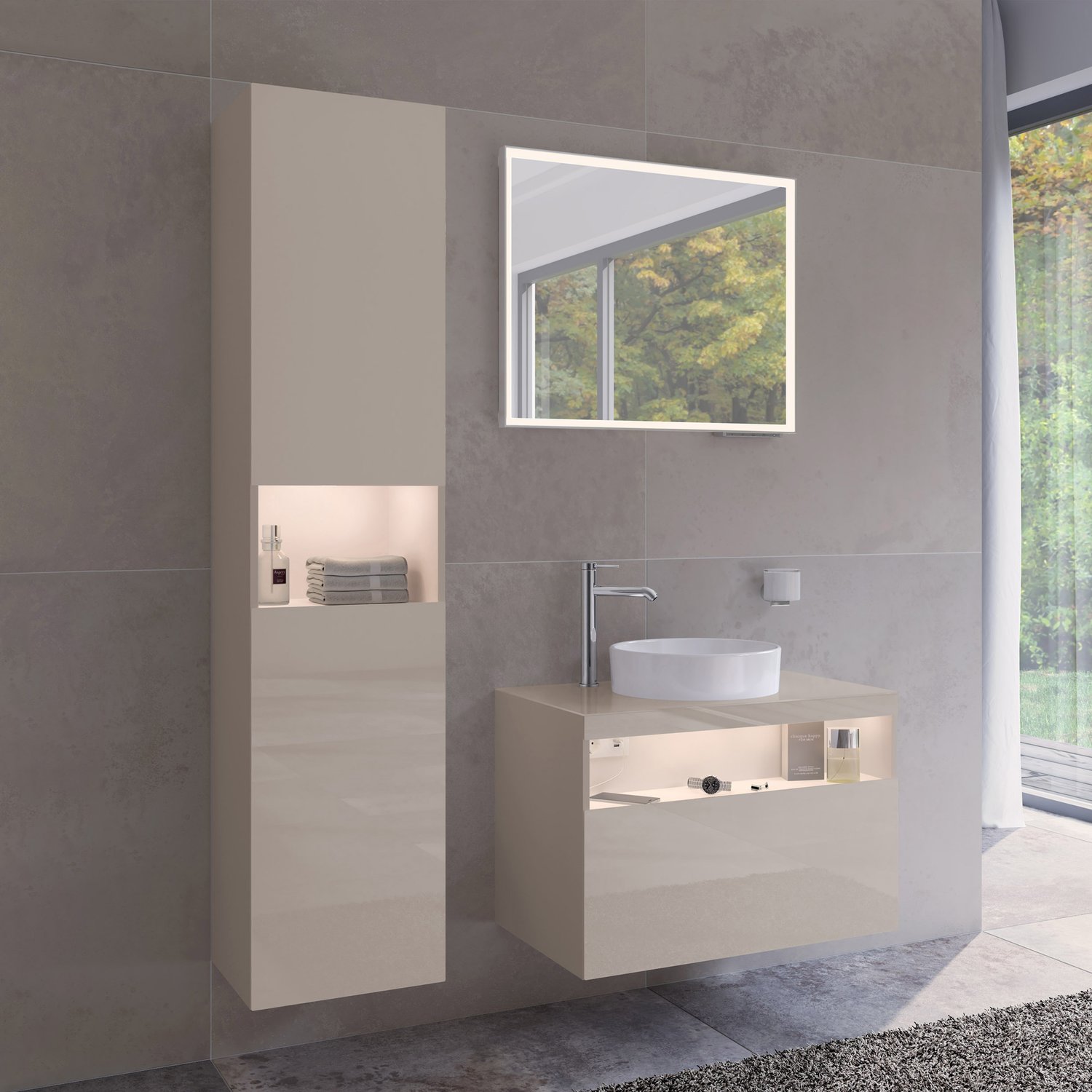 Высокий шкаф - пенал с освещением KEUCO STAGELINE 32831 180102 360 мм х 400 мм х 1800 мм с 1 дверцей, петли справа, с 1 полкой в середине и 4 полками, кашемир/кашемир