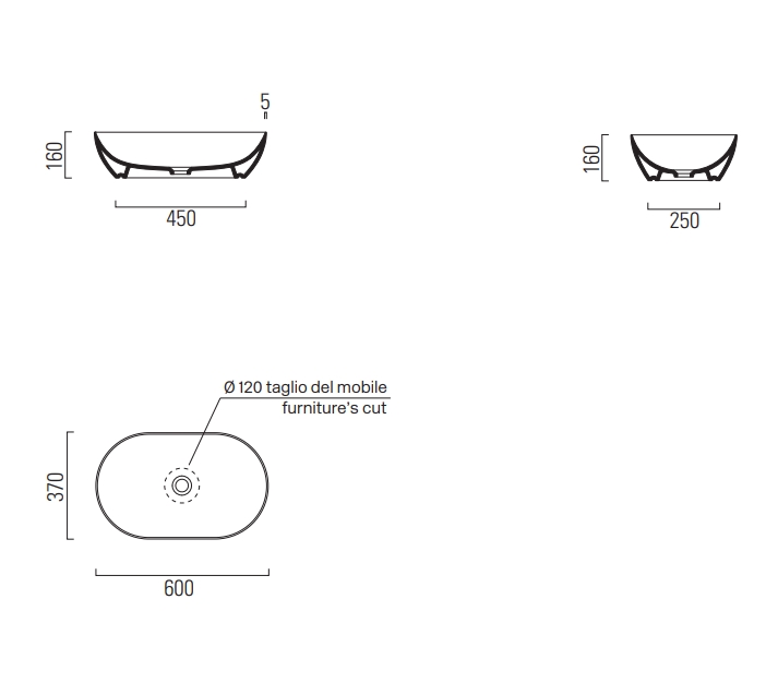 Раковина-чаша накладная GSI PURA 883411 600 мм х 370 мм, без отверстия под смеситель, без перелива, белый глянцевый