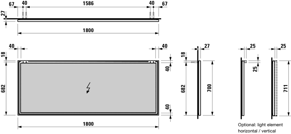 Зеркало  Laufen  Frame25     4.4741.0.900.144.1  180 см, алюминиевая рама