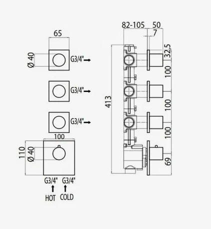 Наружняя часть термостата BOSSINI OUTLETS Z031205.021 с отдельными панелями, золото