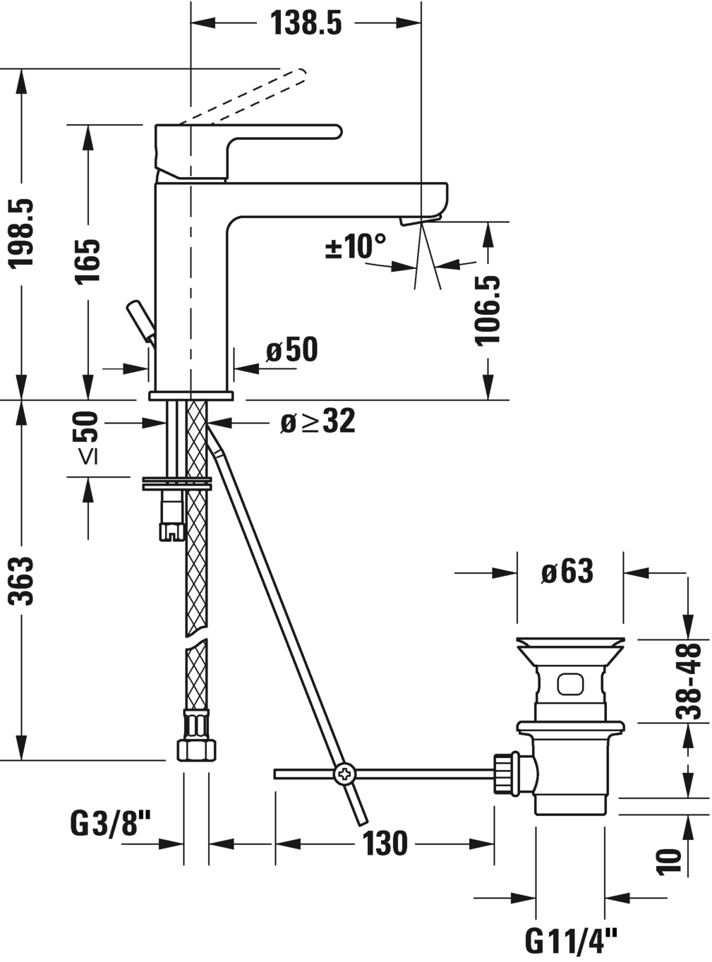 Однорычажный смеситель для раковины Duravit B.2 B21020001010 S 165 мм, Хром