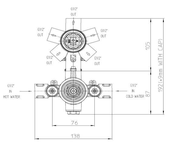 Универсальная скрытая часть для термостата BOSSINI Z90125000 на 2-5 потребителей, для стен из гипсокартона