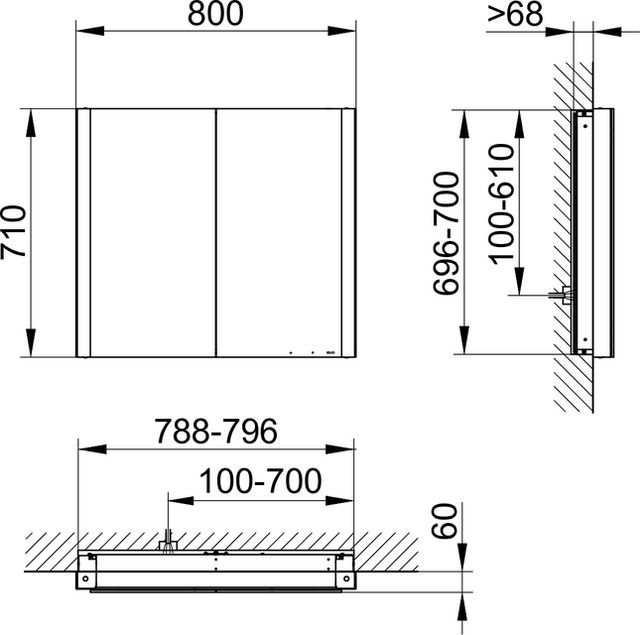 Зеркальный шкаф с подсветкой и подогревом для встраиваемого монтажа KEUCO Somaris 14512 002101 115 мм х 800 мм х 710 мм, с 2 поворотными дверцами, цвет корпуса Зеркальный