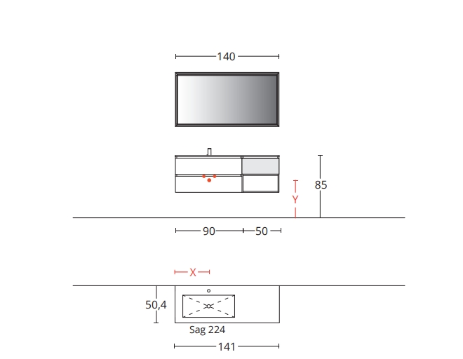 Комплект мебели BMT GALAXY GA-03   1410х2000х504 мм c 2 тумбами, раковиной, полками и зеркалом, цвет Nespola/Grigio Londra Opaco