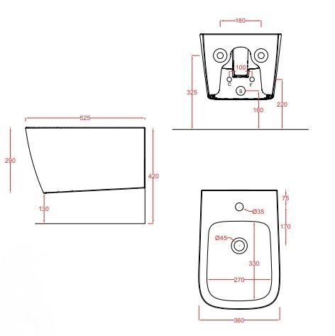Биде повдесное ARTCERAM А16 ASB001 01 00 520 мм х 360 мм, с отверстием под смеситель, с переливом, белый глянцевый