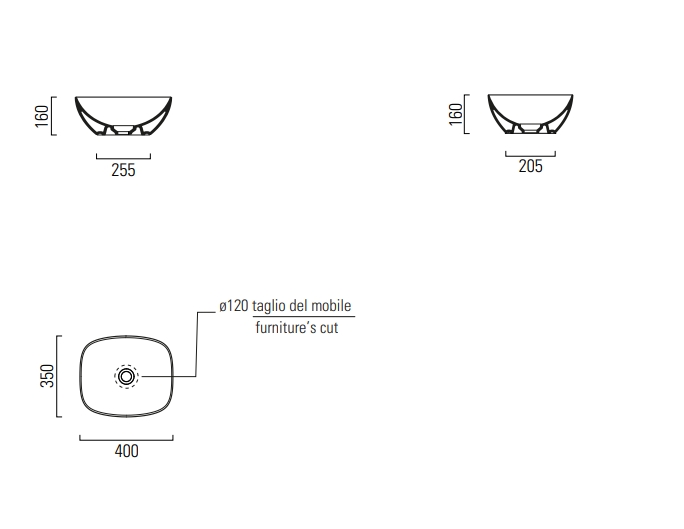 Раковина-чаша накладная GSI NUBES 978517 400 мм х 350 мм, без отверстия под смеситель, без перелива, цвет Cenere Matte