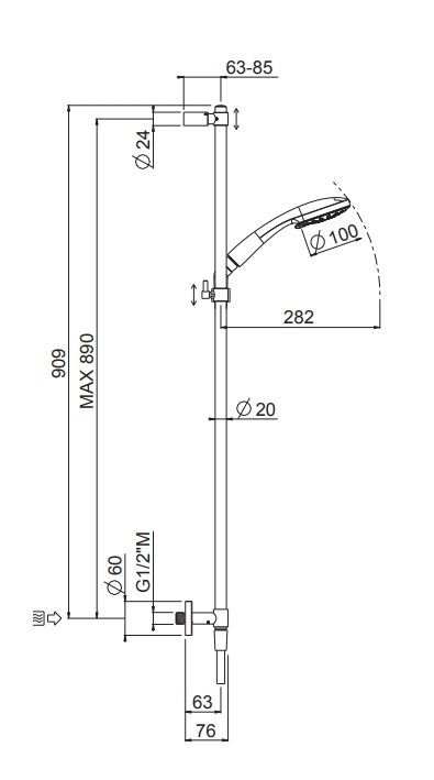 Душевой комплект с подводом воды через нижний настенный держатель CARIMALI DOCCIA 85712-CR со слайд - штангой, с ручным душем и шлангом, хром