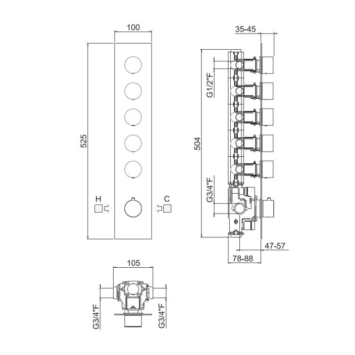 Встраиваемая часть для термостатического смесителя CARIMALI W21059CR с 5 независимыми выходами