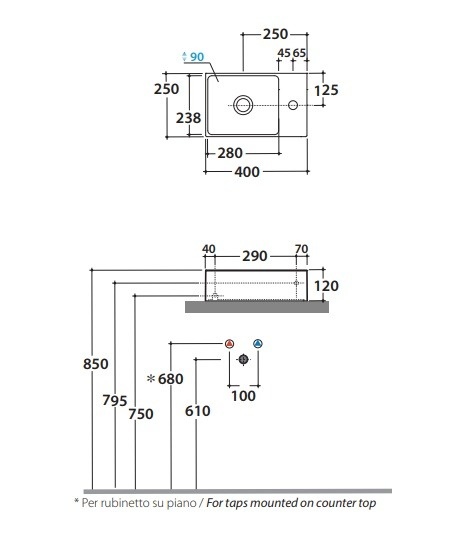 Раковина накладная GLOBO T-EDGE B6R40BI 400 мм х 250 мм х 120 мм, с отверстием под смеситель справа, без перелива, белая глянцевая