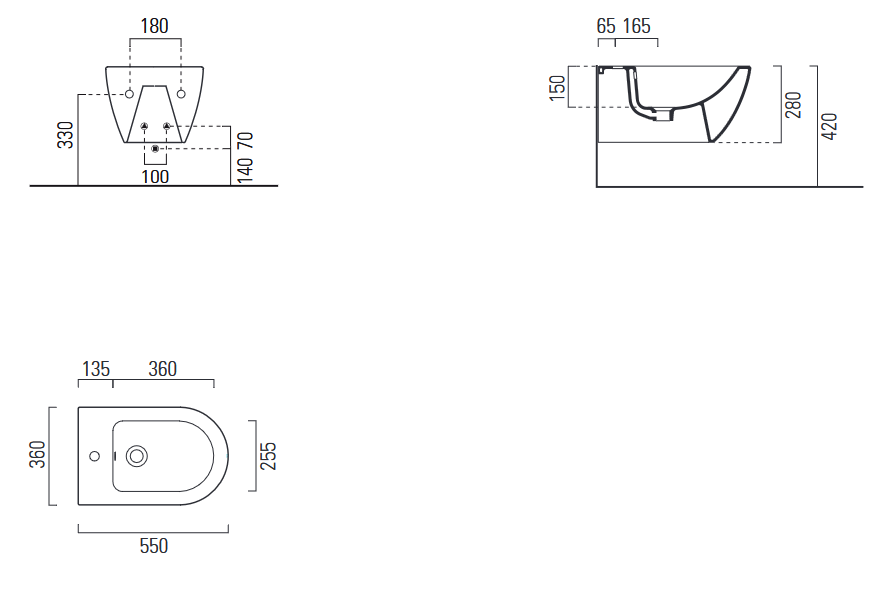 Биде подвесное GSI PURA 8865FR2105   550 мм х 360 мм, с отверстием под смеситель, с переливом, с креплением, цвет Tortora Matte
