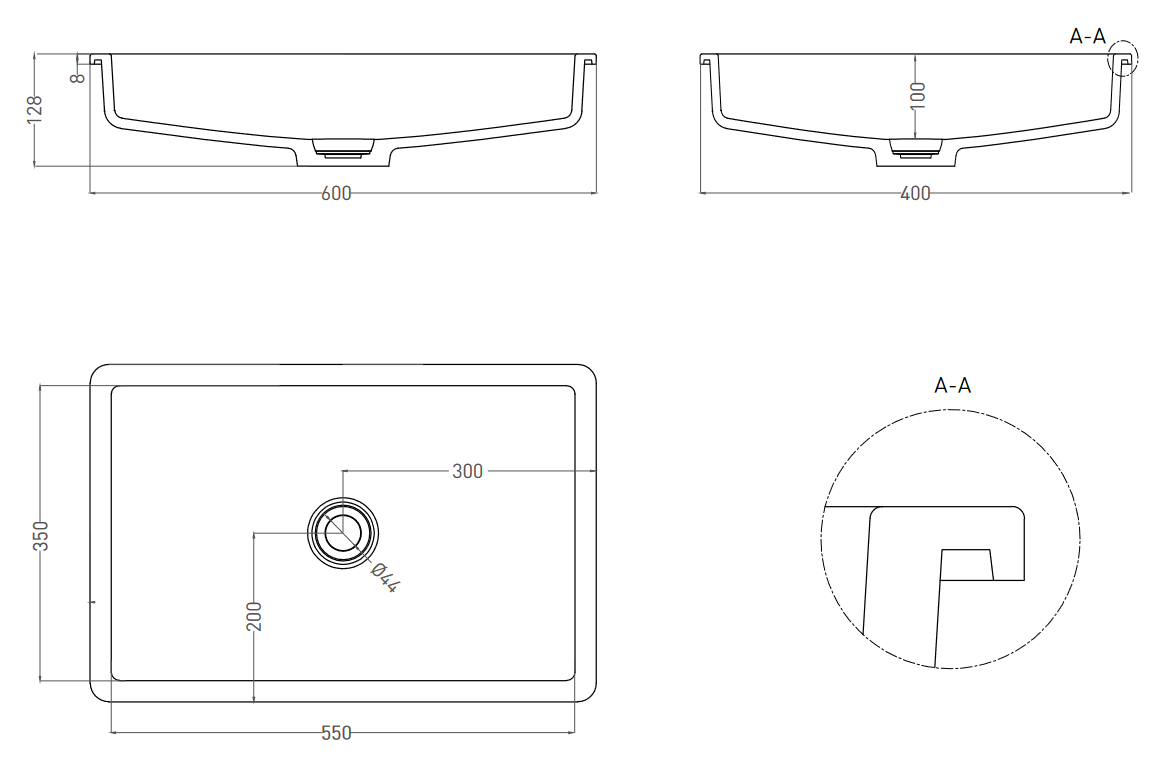 Раковина встраиваемая под столешницу прямоугольная SALINI MAREA 14 1802214M 600х400х128мм, S-Stone, без донного клапана, цвет Белый матовый