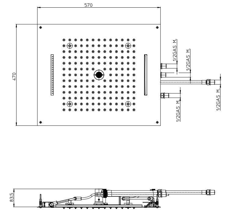 Верхний душ с подсветкой для подвесного потолка BOSSINI DREAM/4 RGB LIGHTS H38908.075 570 мм х 470 мм, с 4 режимами струи, матовая нержавеющая сталь