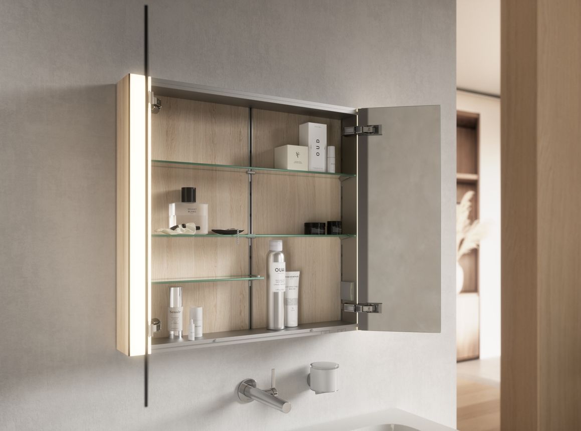 Зеркальный шкаф с подсветкой и подогревом для встраиваемого монтажа KEUCO Somaris 14513 852201 115 мм х 1000 мм х 710 мм, с 2 поворотными ассиметричными дверцами, цвет корпуса под Светлый дуб