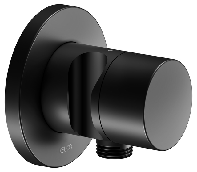 Встраиваемый запорный вентиль с выводом для шланга KEUCO IXMO 59541 370201 c держателем для лейки, с рукояткой IXMO Pure, с круглой розеткой, чёрный матовый
