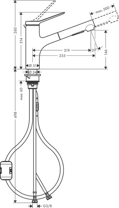 Смеситель однорычажный для кухни с вытяжным душем HANSGROHE ZESIS M33 2 JET 74800000 150 мм, хром