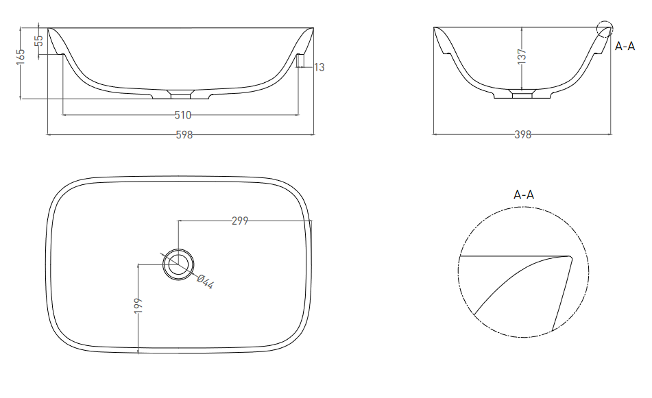 Раковина полувстраиваемая прямоугольная SALINI MAREA 02 1802202M 598х398х165мм, S-Stone, без донного клапана, цвет Белый матовый